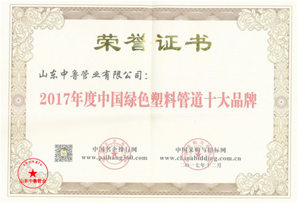 2017年度中国绿色管道十大品牌pg电子官方的荣誉证书
